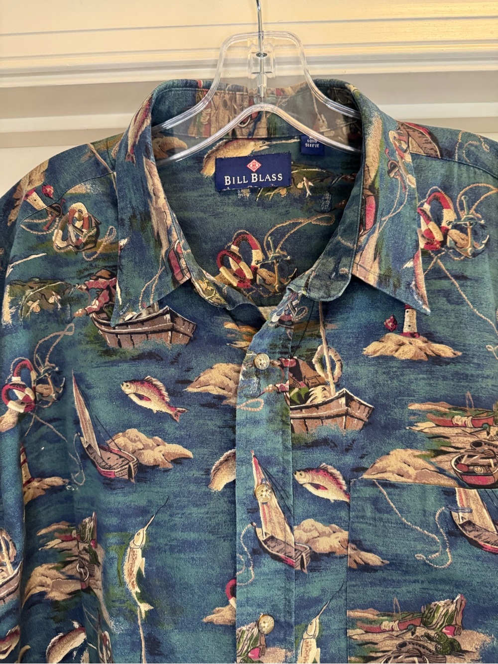 Vintage 90’s Bill Blass Blue Fishing Print Long-Sleeve Button-Down Shirt XL